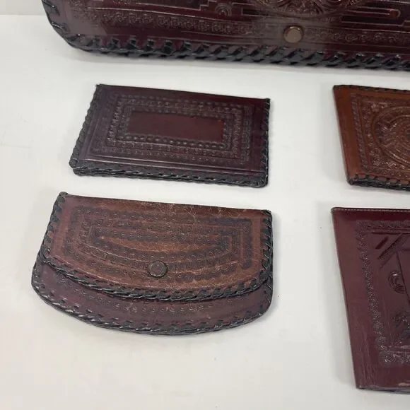 Wallet Fold Hand Tooled Leather Embossed Aztec Stamped Mexico Brown 12x7.5in WOW